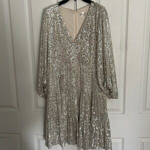 Eliza J super shiny sequin silver balloon sleeve knee length Sz8